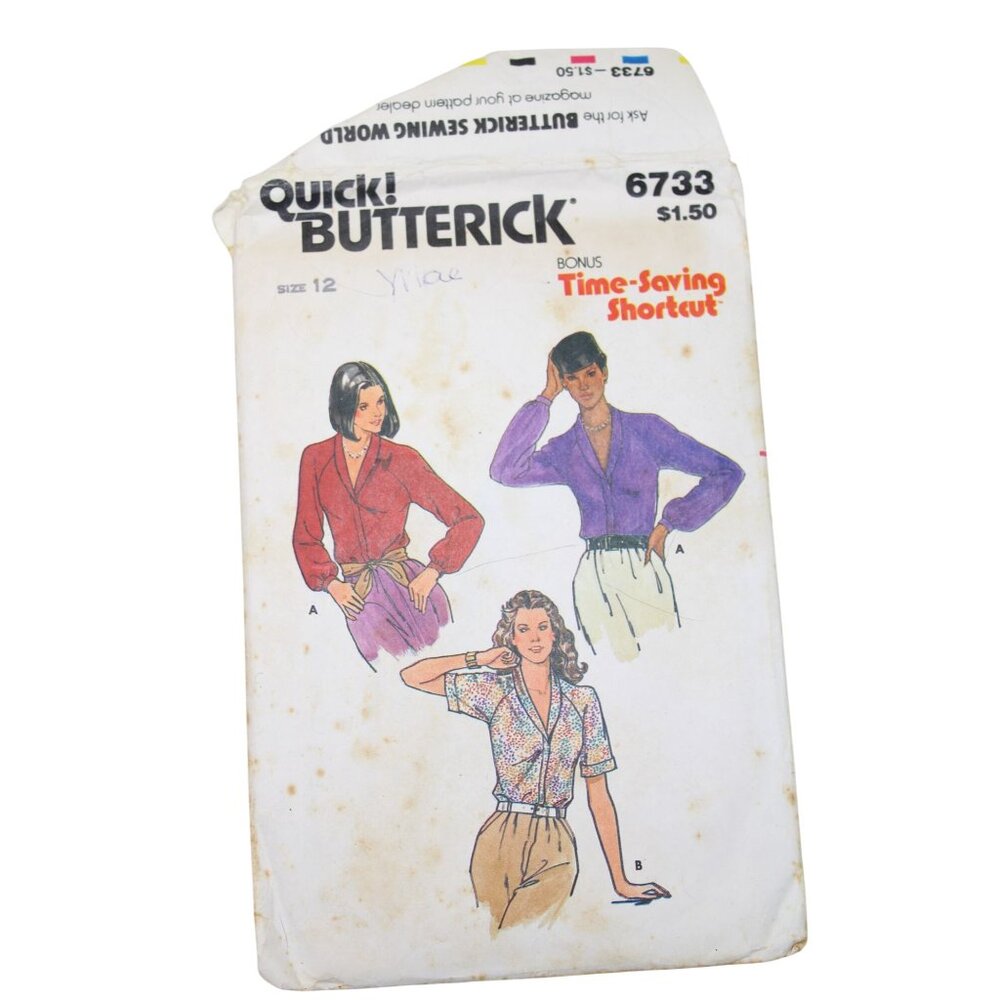 butterick 6733 Quick Blouse Pattern Vintage 1970s 92752 Size 12